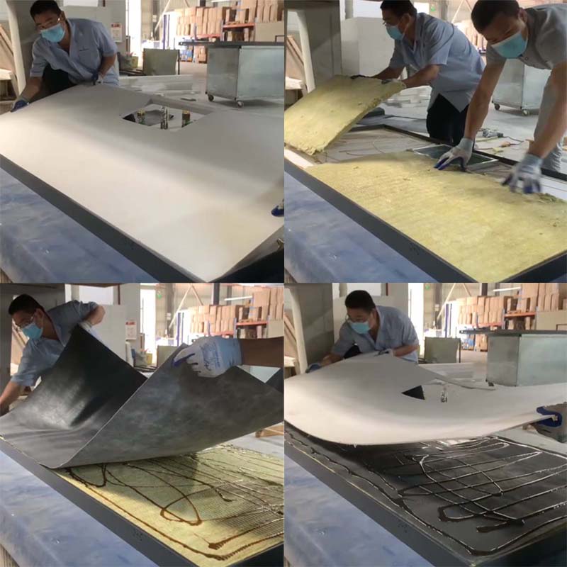 Images showing the step-by-step manufacturing process of a soundproof door, including layering materials like sound-absorbing cotton, damping board, and soundproof film, with workers assembling the door components.