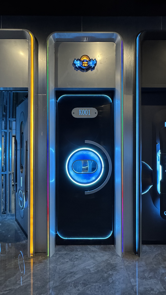 "Stylish LED soundproof door with modern design, featuring blue backlighting and a sophisticated appearance, perfect for high-end venues