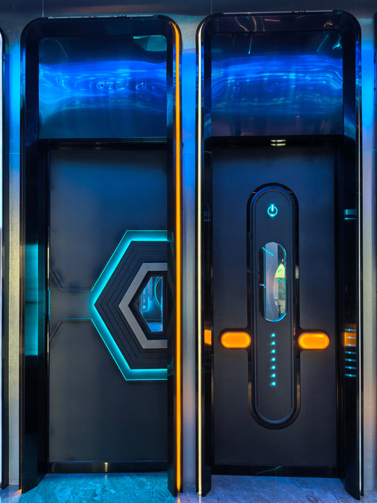 High-tech soundproof doors with LED lighting, showcasing the advanced design and energy-saving features ideal for modern spaces.