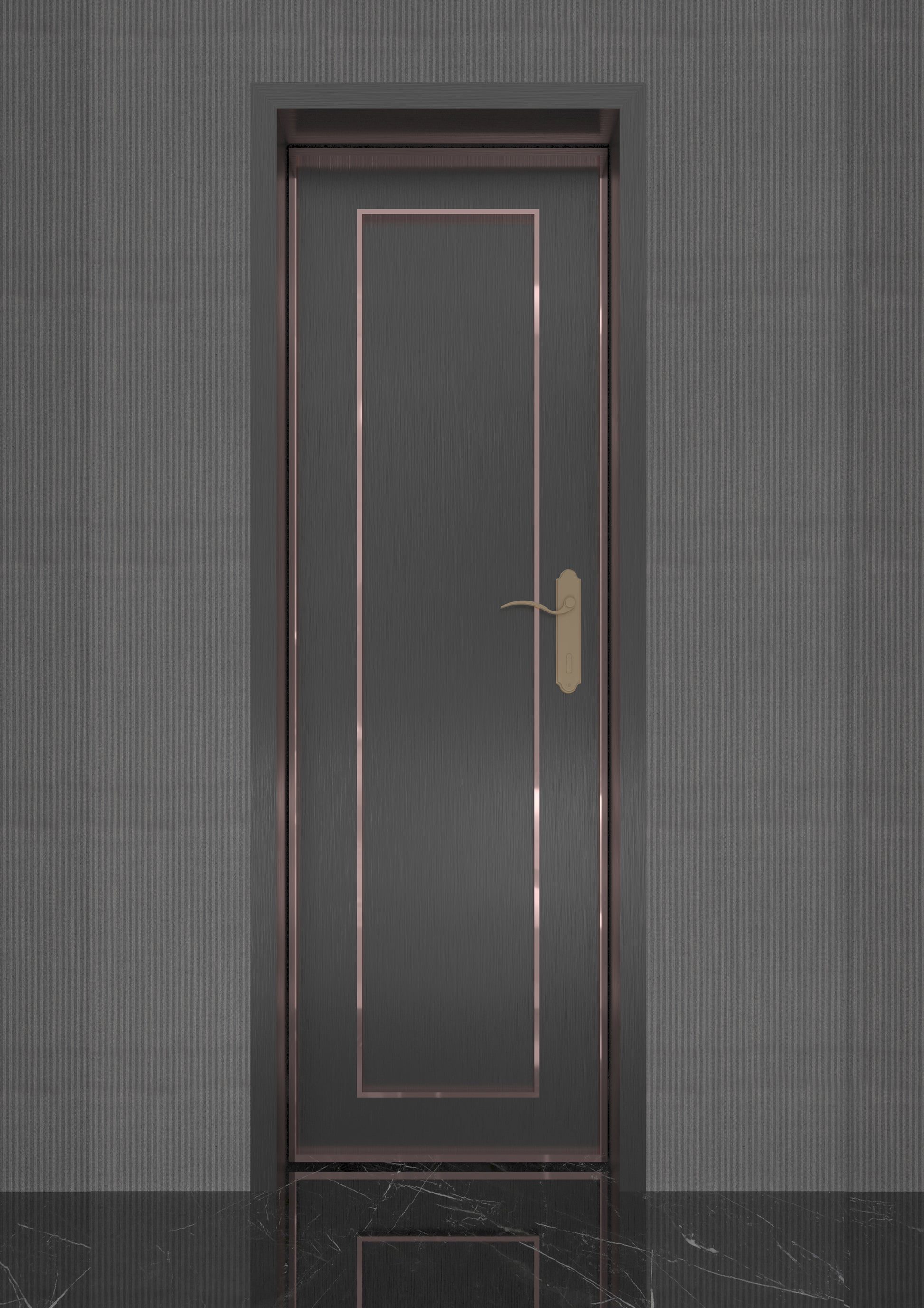 Minimalist black restroom soundproof door with rose gold trim and simple design