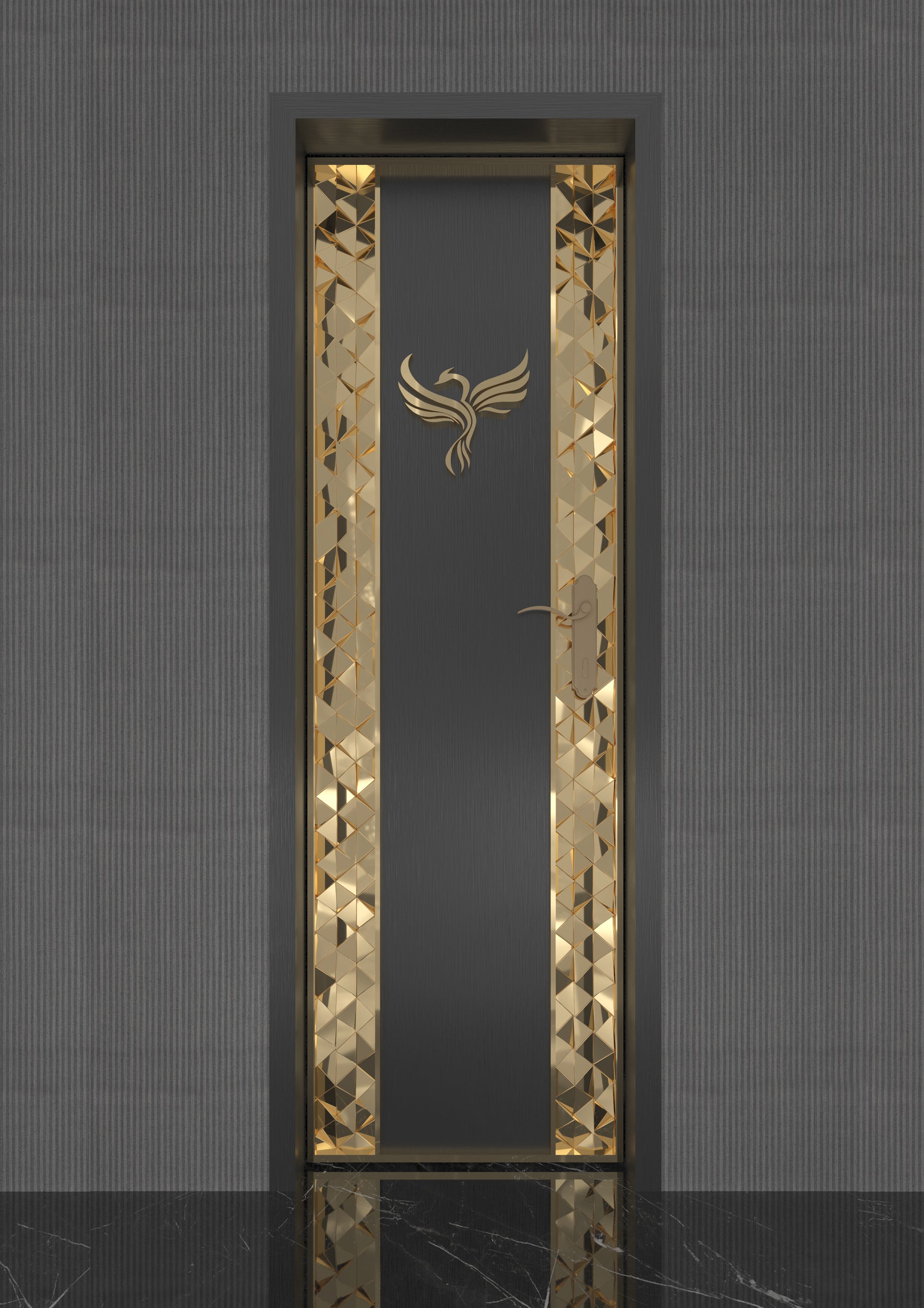 Luxurious black restroom soundproof door with gold trim and phoenix emblem design
