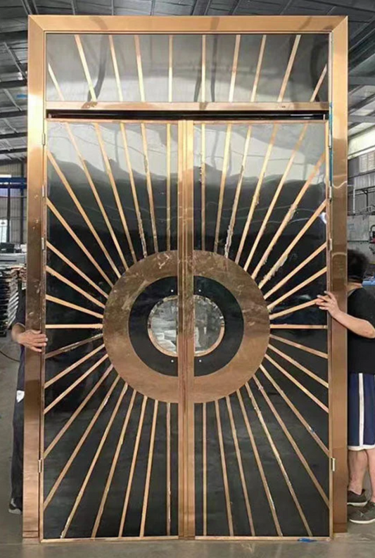 Double soundproof door with circular sunburst inlaid pattern in copper tones, ideal for upscale interiors or KTV entrances.